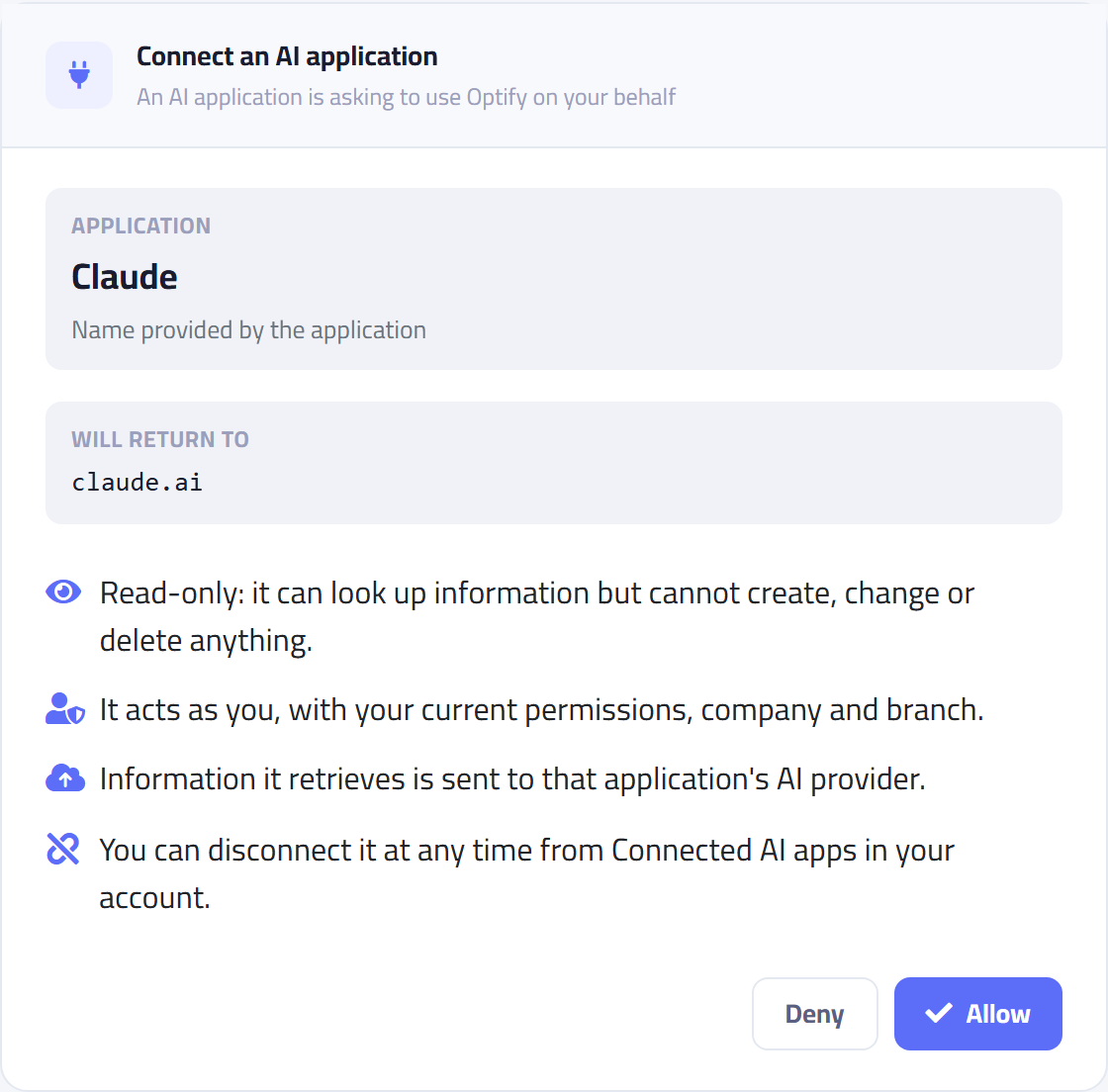 The Optify approval screen: the app Claude asks for read-only access to your data, with Allow and Deny buttons